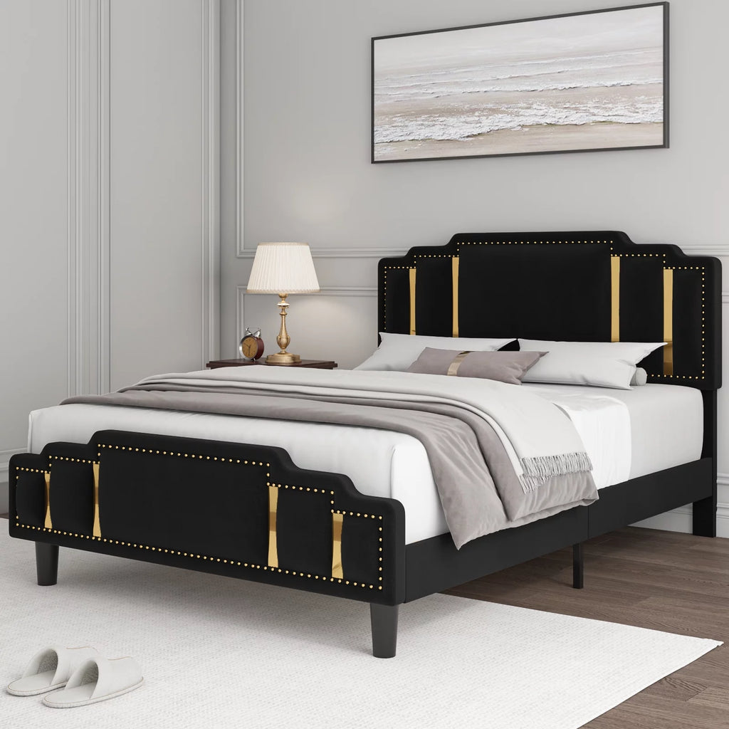 Queen Velvet Upholstered Platform Bed with Adjustable Headboard Black k7m