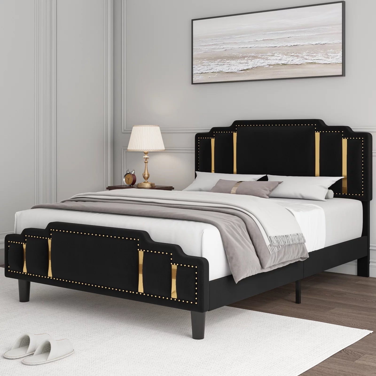 Queen Velvet Upholstered Platform Bed with Adjustable Headboard Black k7m