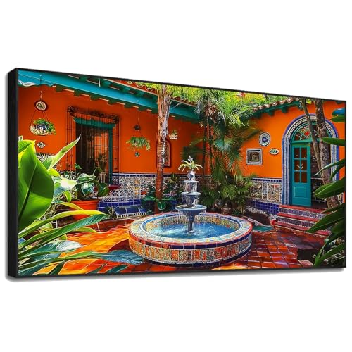 Mexican Village Wall Art,Colorful Wall Art,Mexican Canvas Wall Art,Mexican Wall Art,Large Abstract Wall Art,Large Wall Art for Living Room,Office,Entryway,Bedroom (Gold Metal Framed, 36"Wx20"H/92x52 cm)