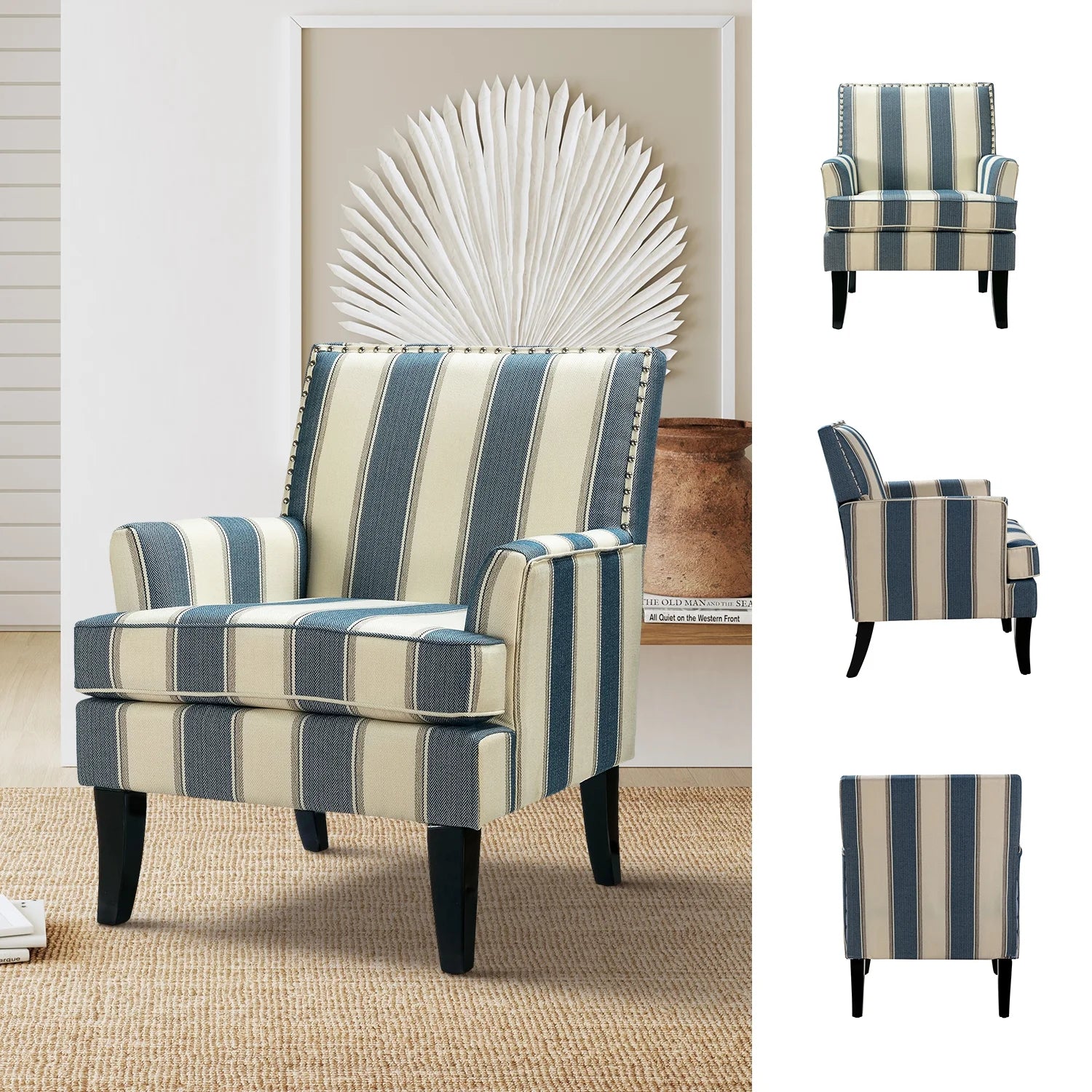 Navy Upholstered Accent Armchair with Wood Legs k7