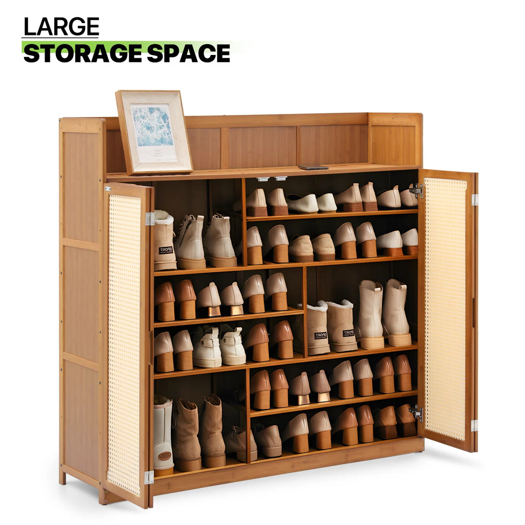 Magshion Bamboo 7-Tier Shoe Cabinet with Folding Rattan Doors O670