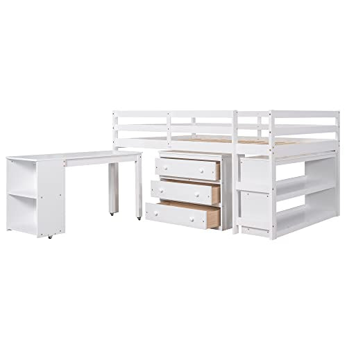 Low Study Loft Bed with Desk and Bookshelf, Pinewood Frame, White R677