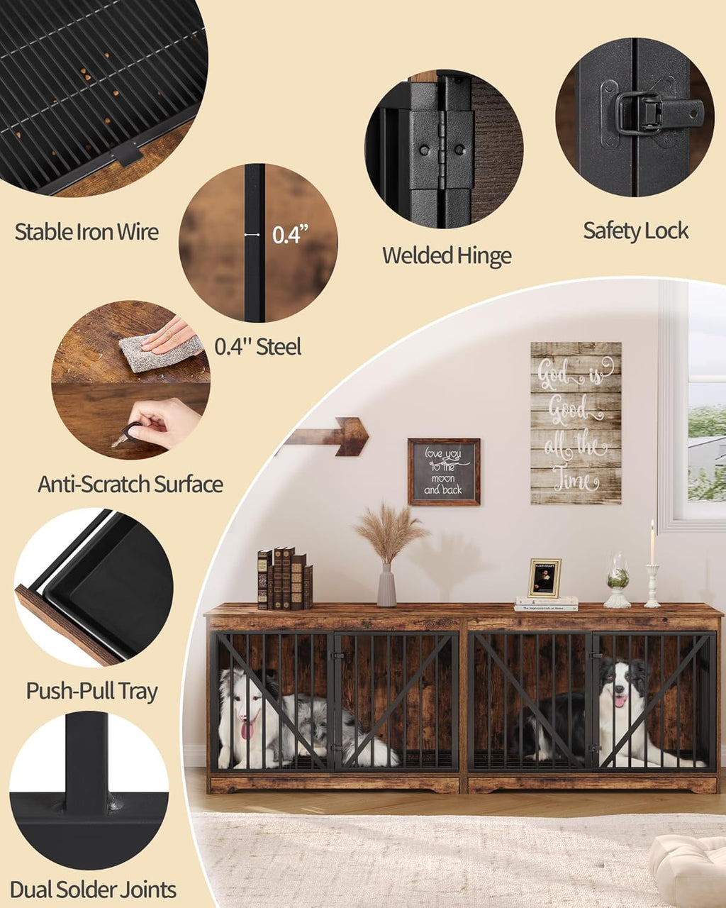 76.4" Wood Dog Crate Furniture with Divider for 2 Dogs, Brown K452
