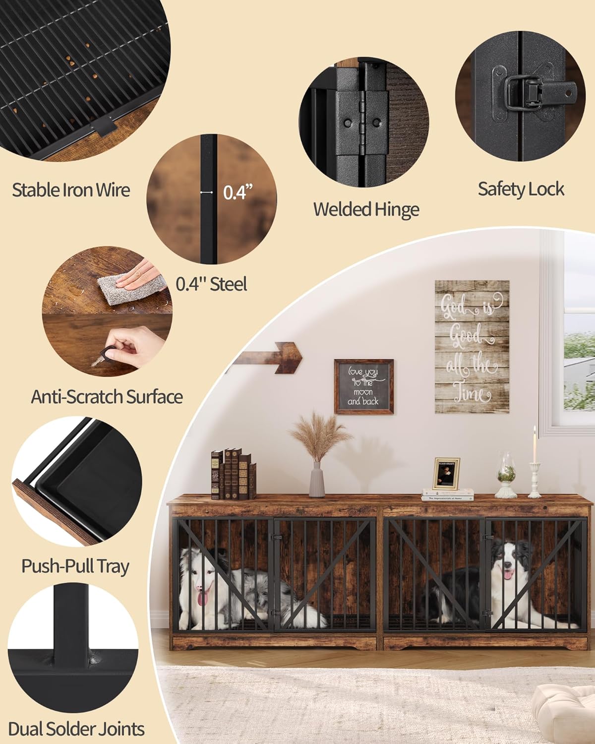 76.4" Wood Dog Crate Furniture with Divider for 2 Dogs, Brown K452