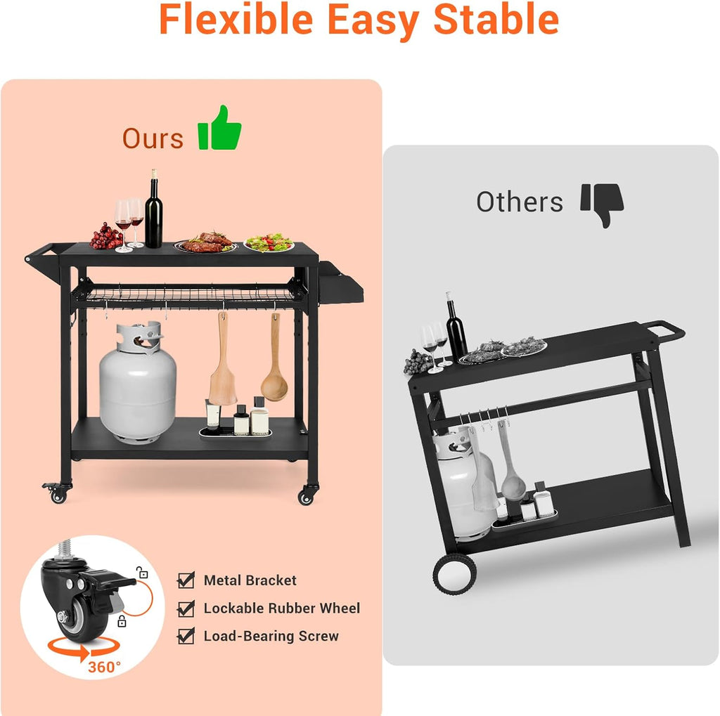 Outdoor Grill Cart with Wheels, Pizza Oven Stand Table, Black W180