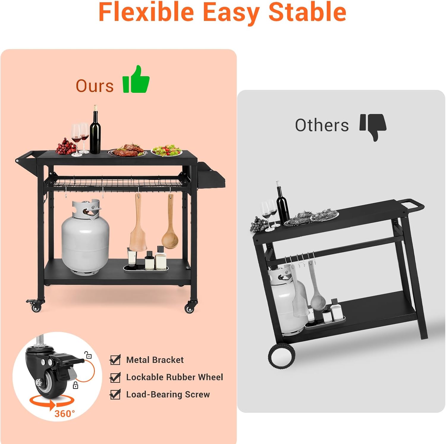 Outdoor Grill Cart with Wheels, Pizza Oven Stand Table, Black W180