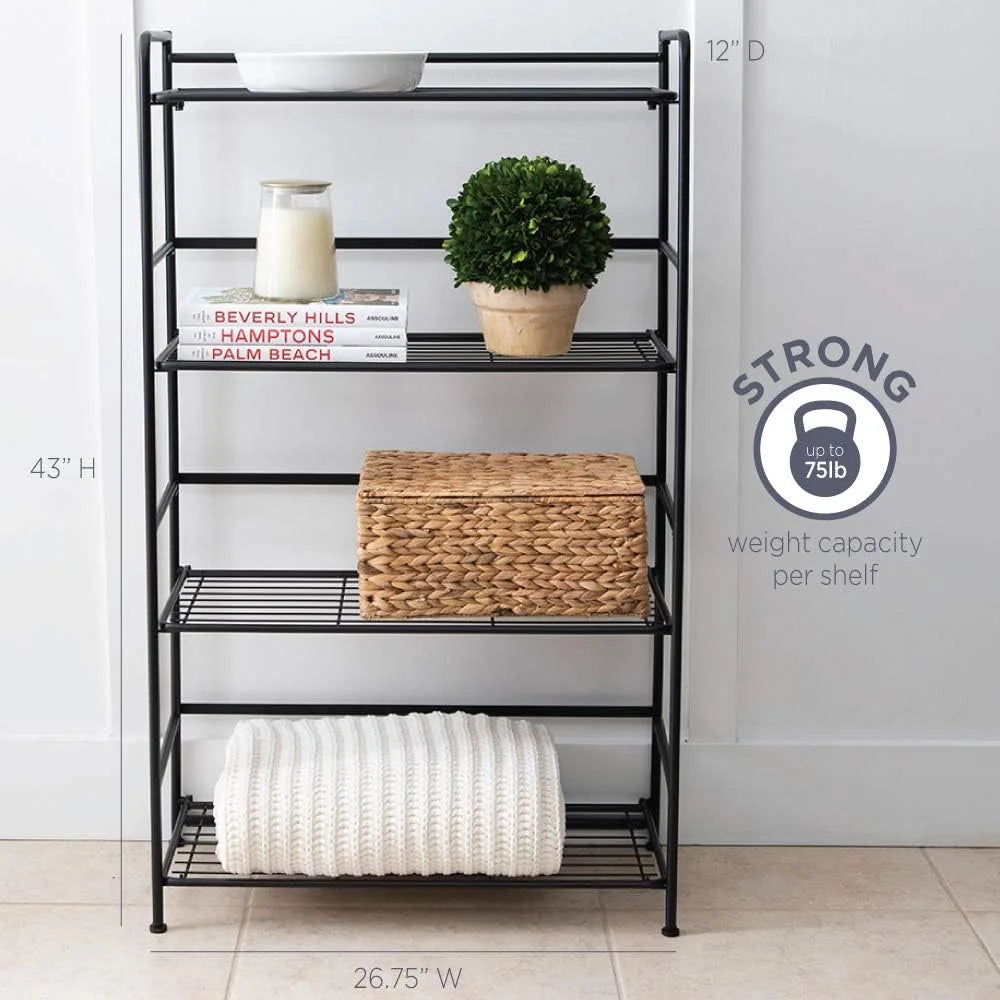Folding Metal Bookcase with 4 Shelves, Black N4104