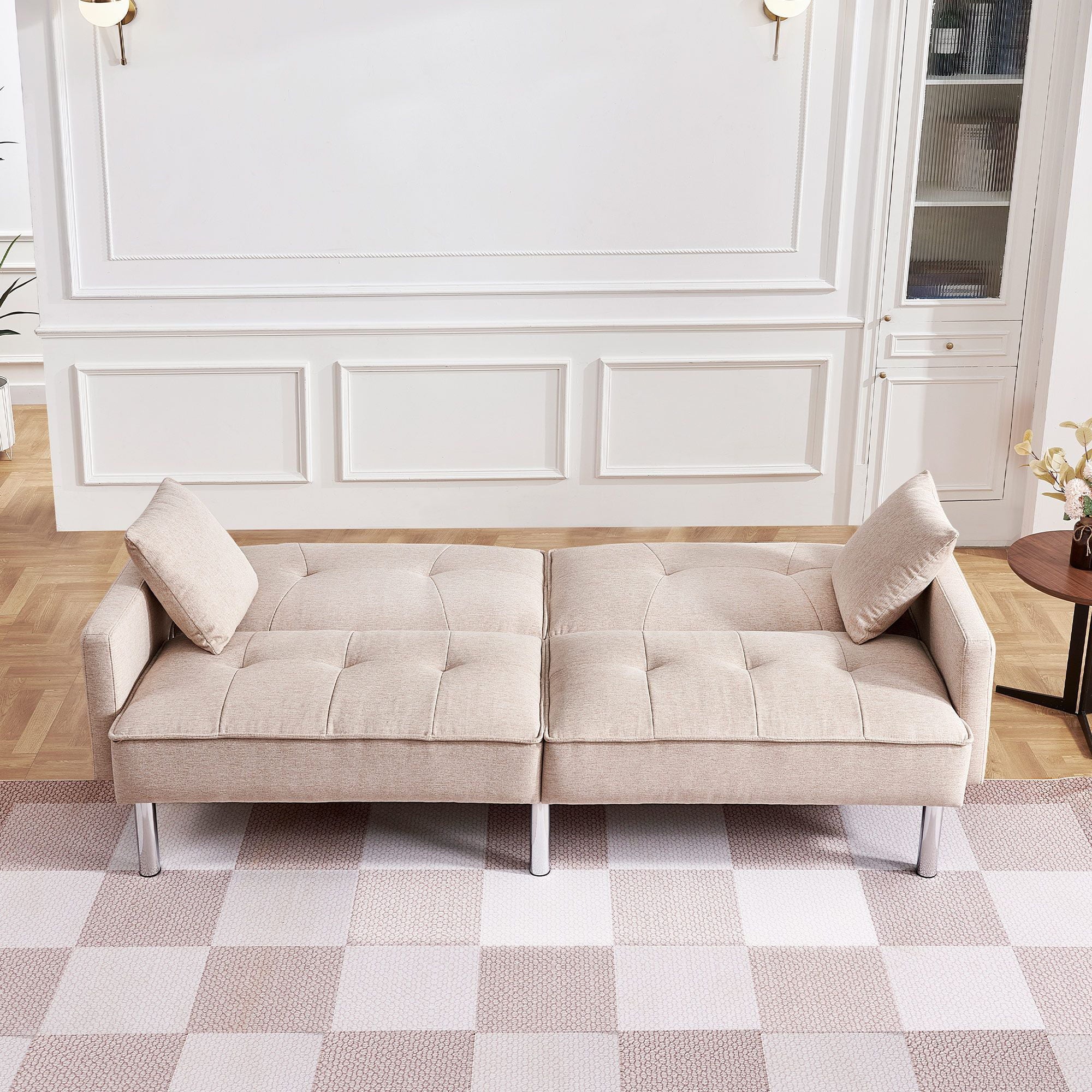 Moootto 84.6 in. Extra Long Tufted Beige Fabric Futon Sofa Bed P625