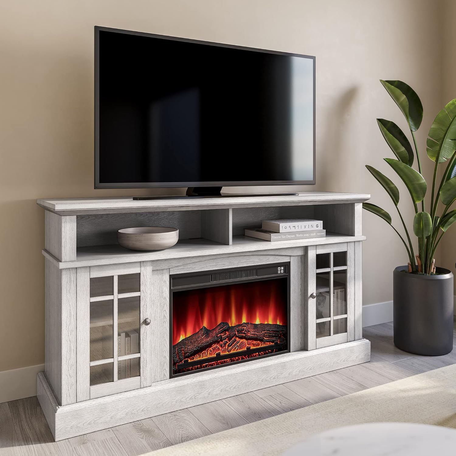 Rustic Electric Fireplace TV Stand for TVs up to 65 Inches with Storage Shelves and Cabinets k7m