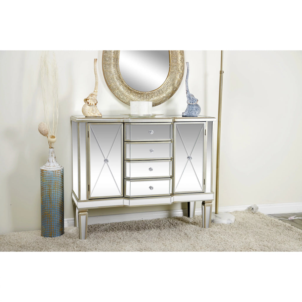 DecMode Silver Wood Mirrored Panel Buffet with 4 Drawers and 2 Doors L67333