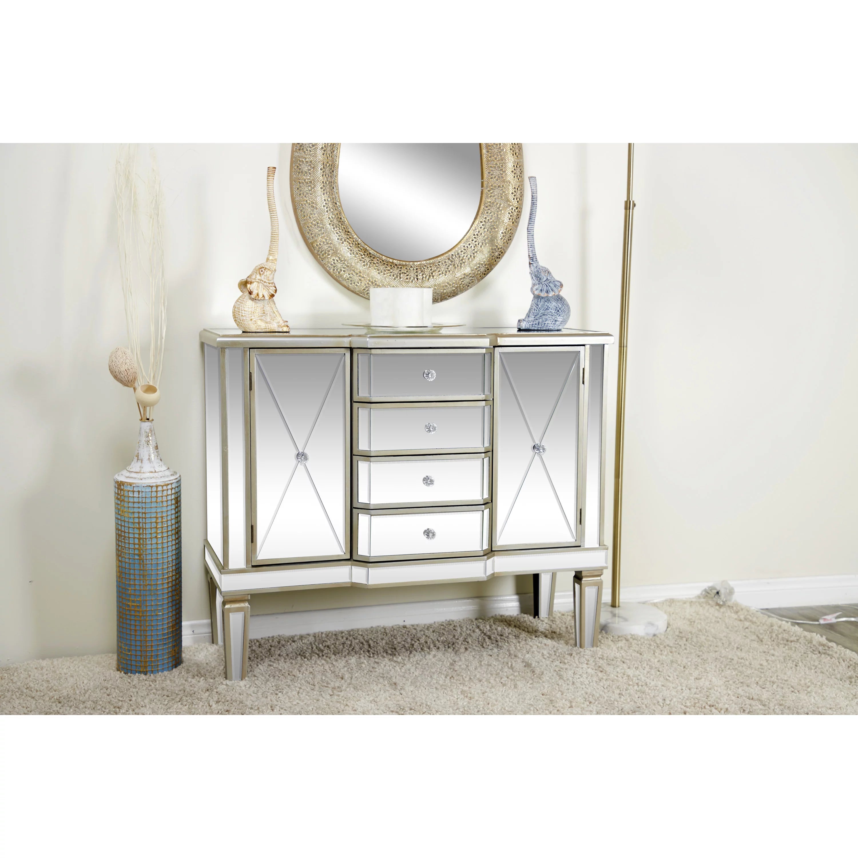 DecMode Silver Wood Mirrored Panel Buffet with 4 Drawers and 2 Doors L67333
