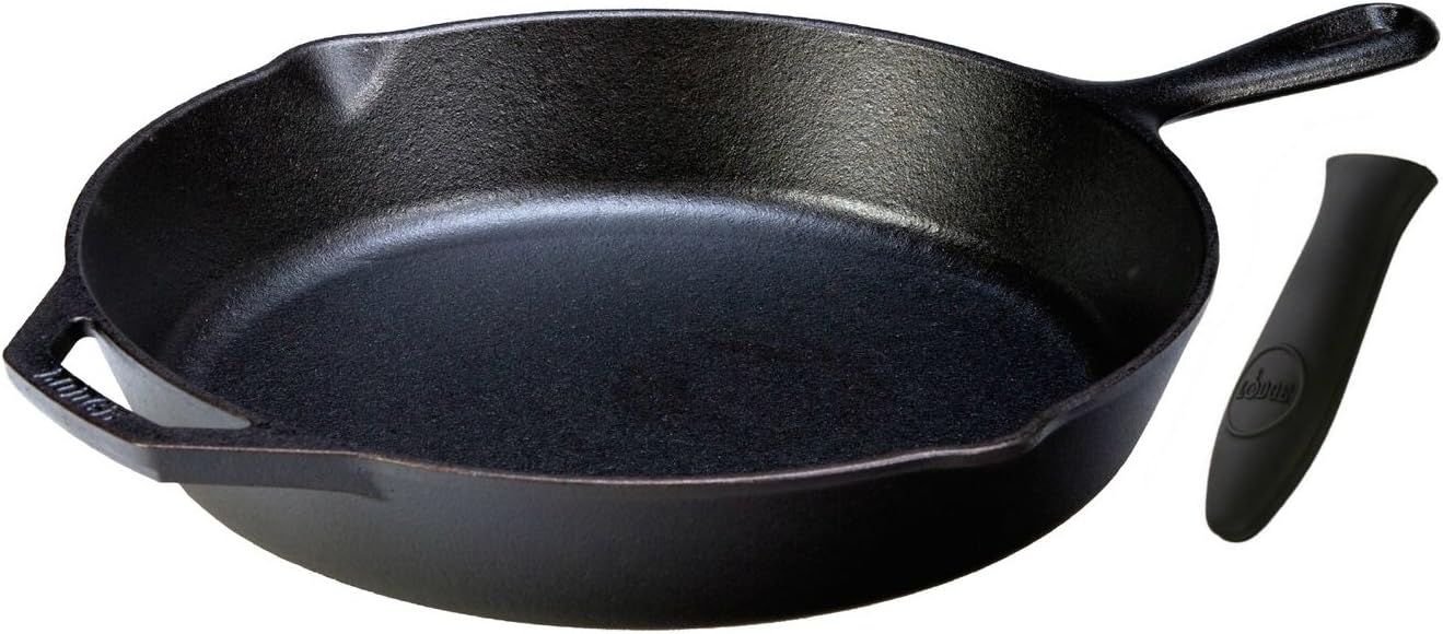 Lodge Seasoned Cast Iron Skillet with Hot Handle Holder - 10.25 inches Cast Iron Frying Pan with Silicone Hot Handle Holder (BLACK).