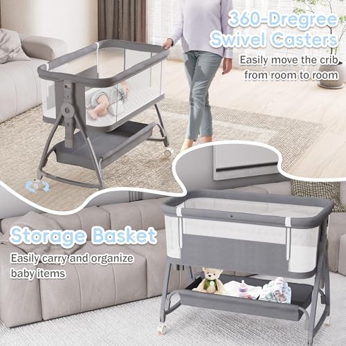 Bedside Bassinet for Baby, 3 in 1 Height Adjustable with Wheels and Mattress O79976