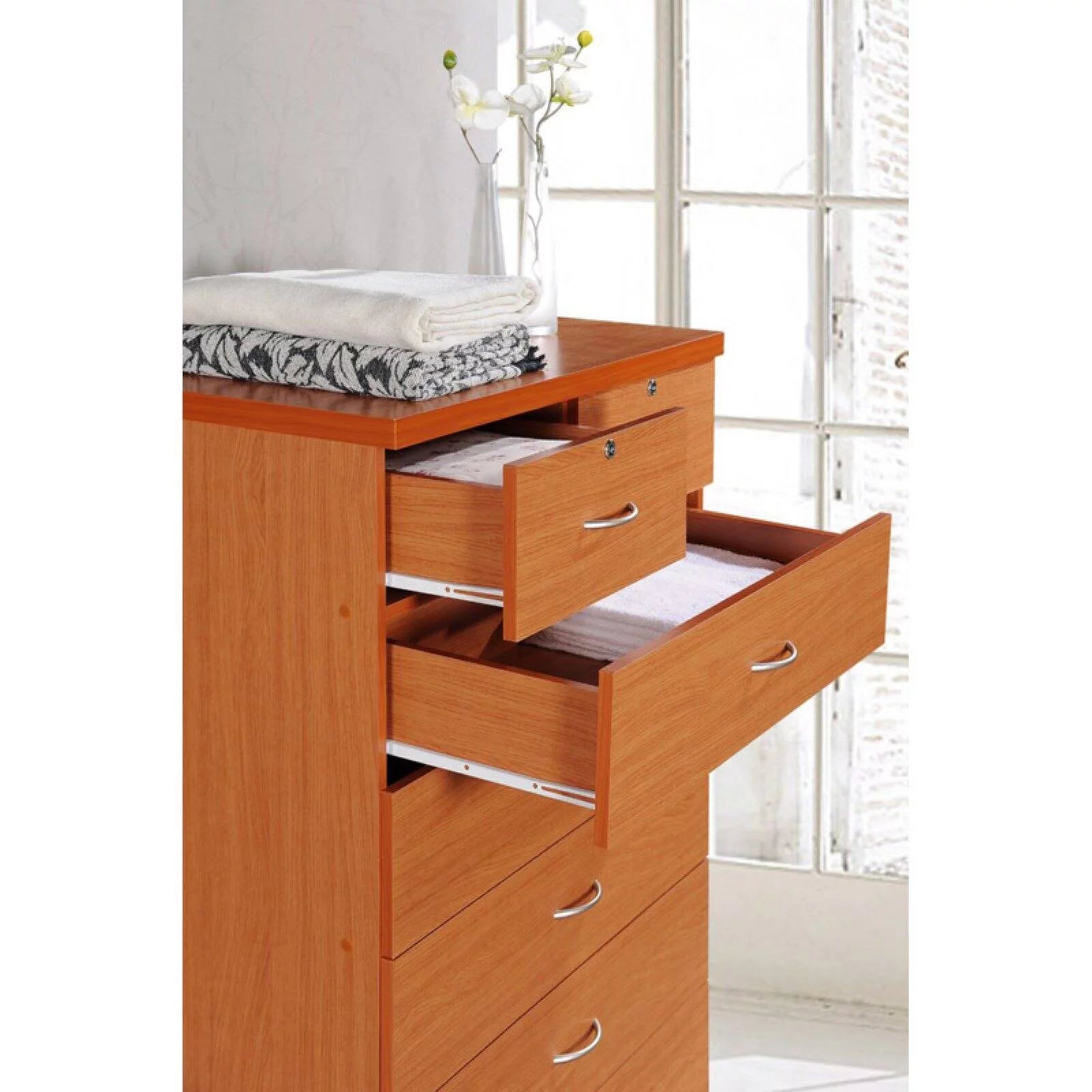 Hodedah 7 Drawer Wooden Dresser Chest with 2 Top Locks, Cherry K8270