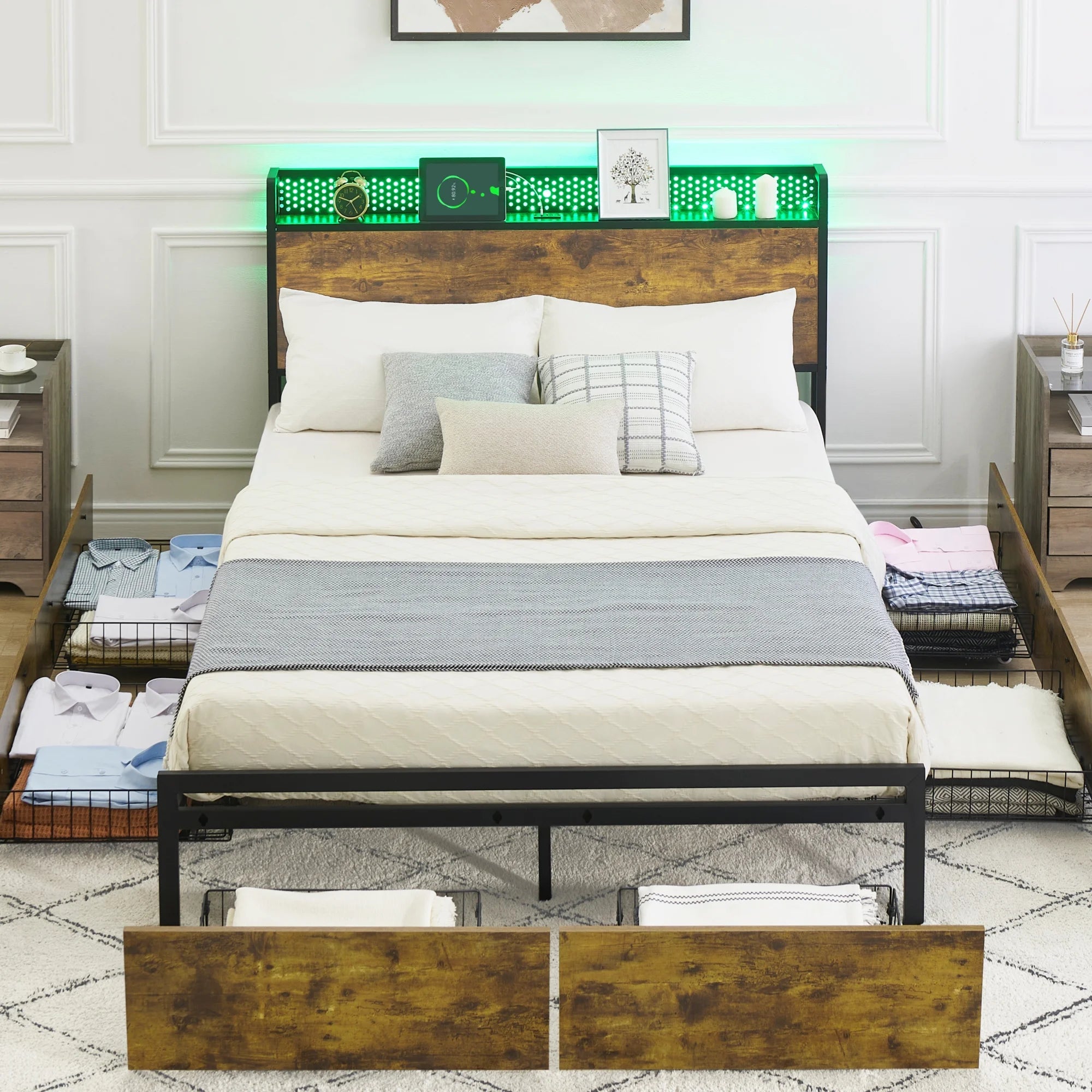 IDEALHOUSE Queen Bed Frame with Storage Headboard and 6 Drawers, LED, USB Ports, Retro O803