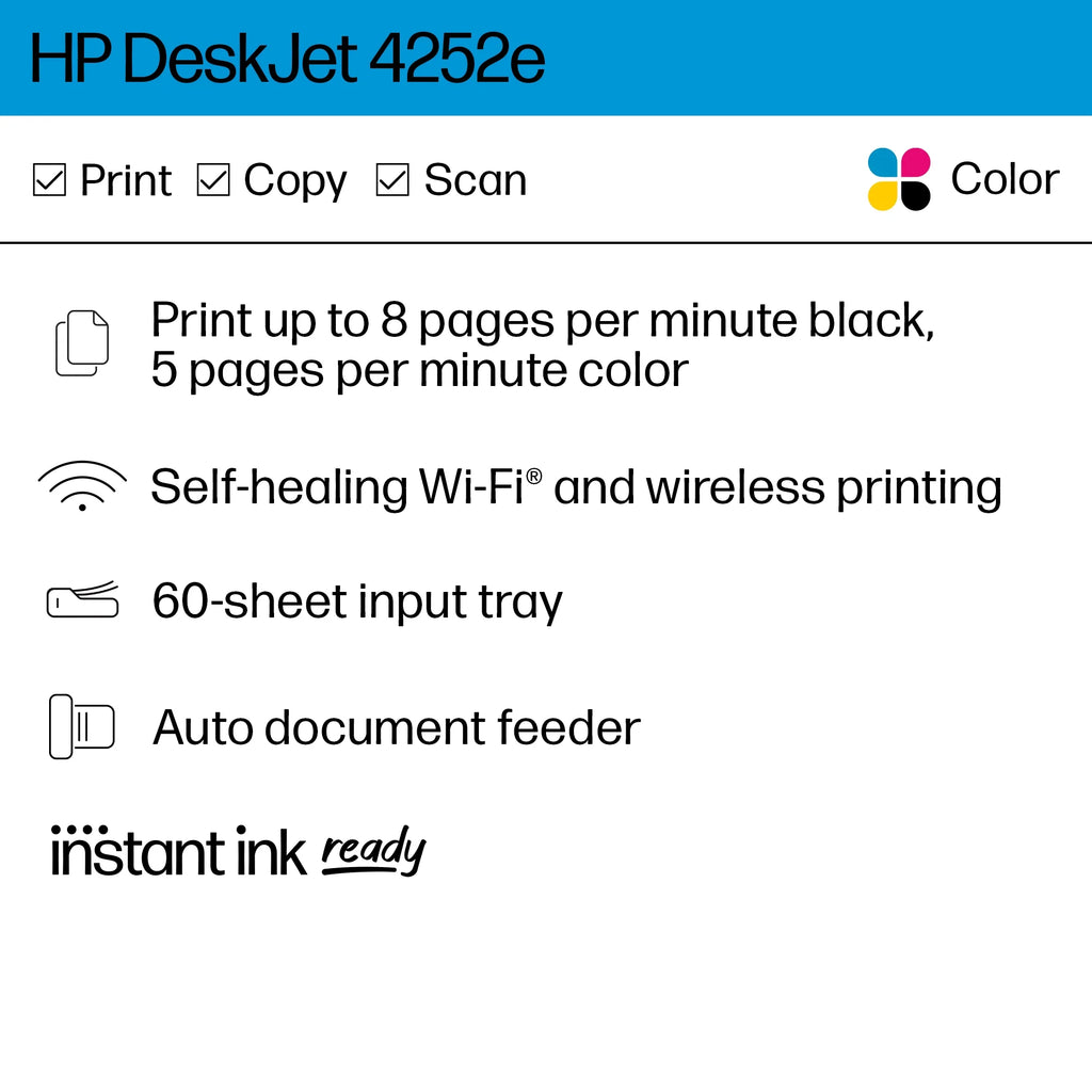 HP DeskJet 4252e Wireless All-in-One Color Inkjet Printer Scanner Copier k7