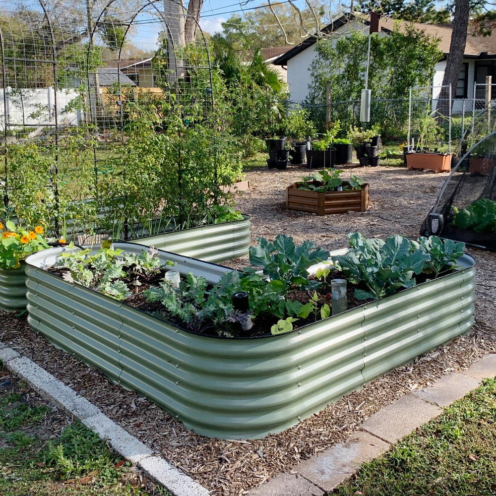 VEGEGA 17" Tall L-Shaped Modular Corrugated Metal Raised Garden Bed - Green C170843