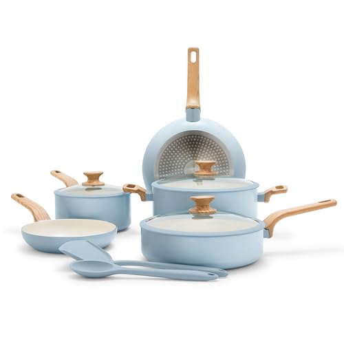GreenPan Rio Essence Wood 10 Piece Cookware Pots and Pans Set, Healthy Ceramic Nonstick, PFAS PFOA Free Coating, Induction, Silicone Rim Lids, Stay-Cool Wood Print Handles, Dishwasher Safe, Blue