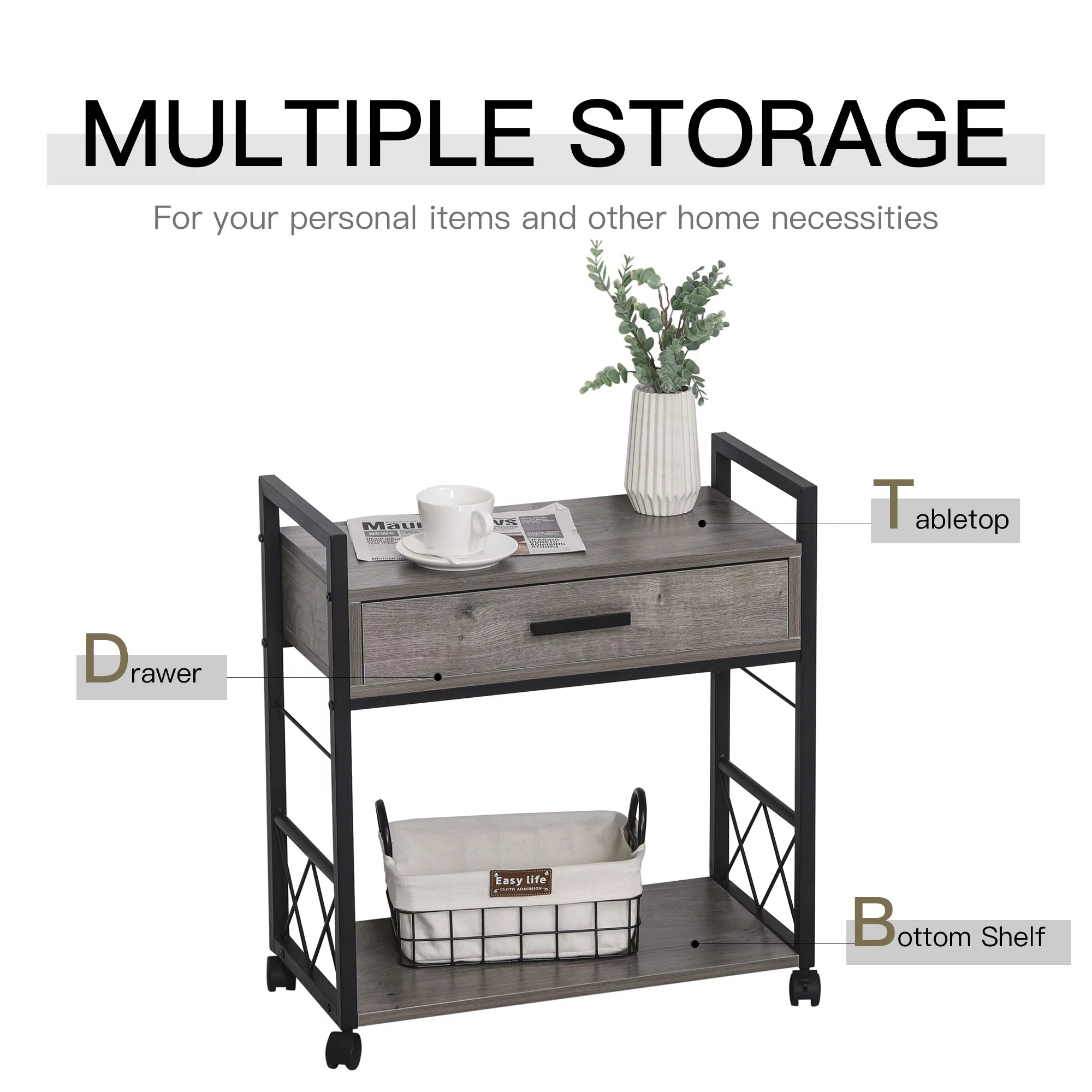 HOMCOM Industrial End Table with Drawer and Bottom Shelf, Grey L693617