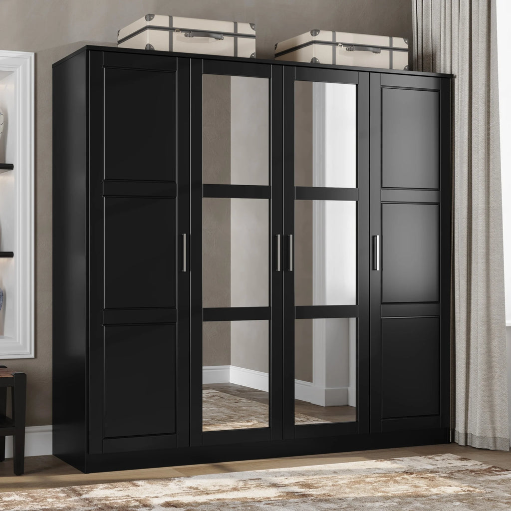 Solid Wood 4-Door Wardrobe with Mirrored Doors Black k7