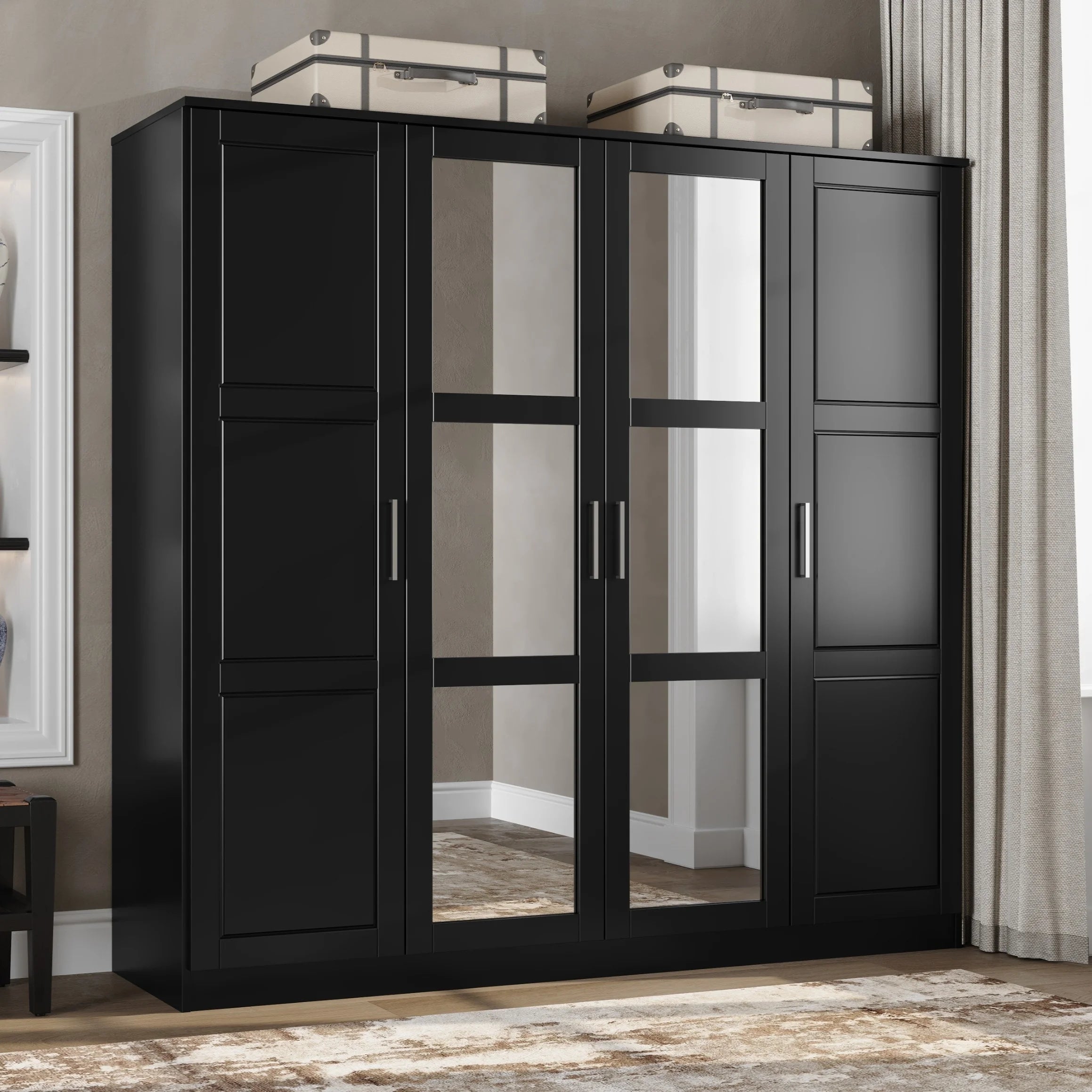 Solid Wood 4-Door Wardrobe with Mirrored Doors Black k7