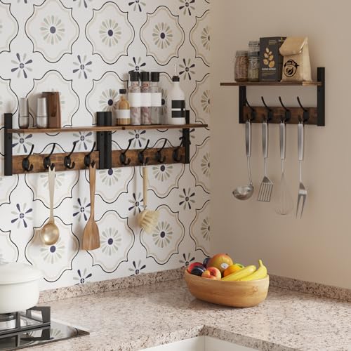 Wood Coat Rack with 16 Hooks, Wall Mounted, Rustic Brown A652