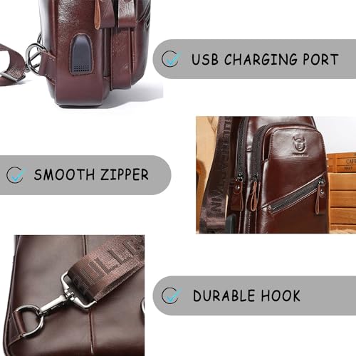 Leather Sling Bag for Men with USB Charging Port Crossbody Daypack Hiking Travel Backpack k7