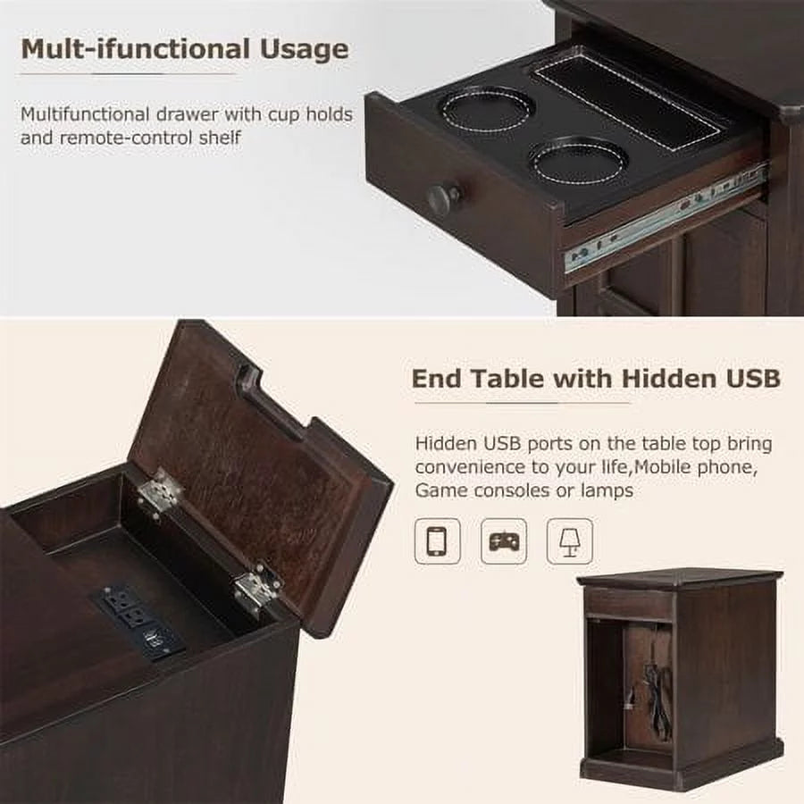 Churanty Vintage End Table with USB Ports, Drawer and Cup Holders T166892