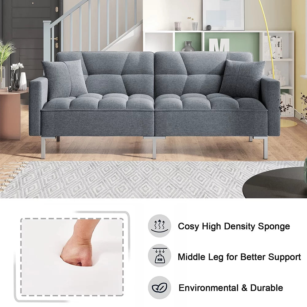 Gray Futon Sofa Bed with 2 Pillows and Metal Legs J375995
