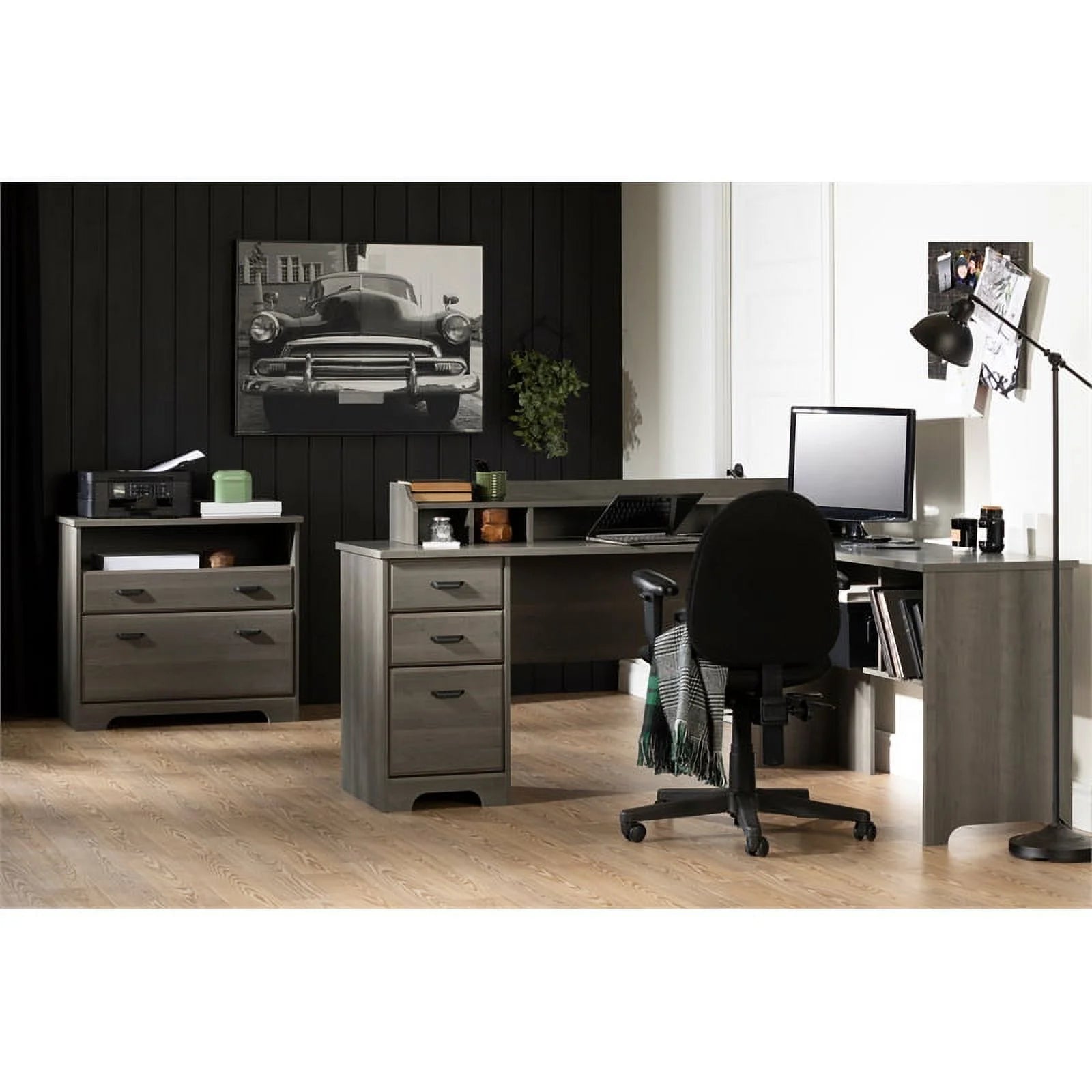South Shore Versa Desk with Hutch and File Cabinet, Gray Maple Y3468