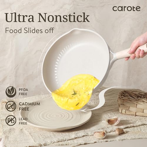 CAROTE 17pcs Non Stick Pots and Pans Set, Induction Cookware, Cream White Y4004