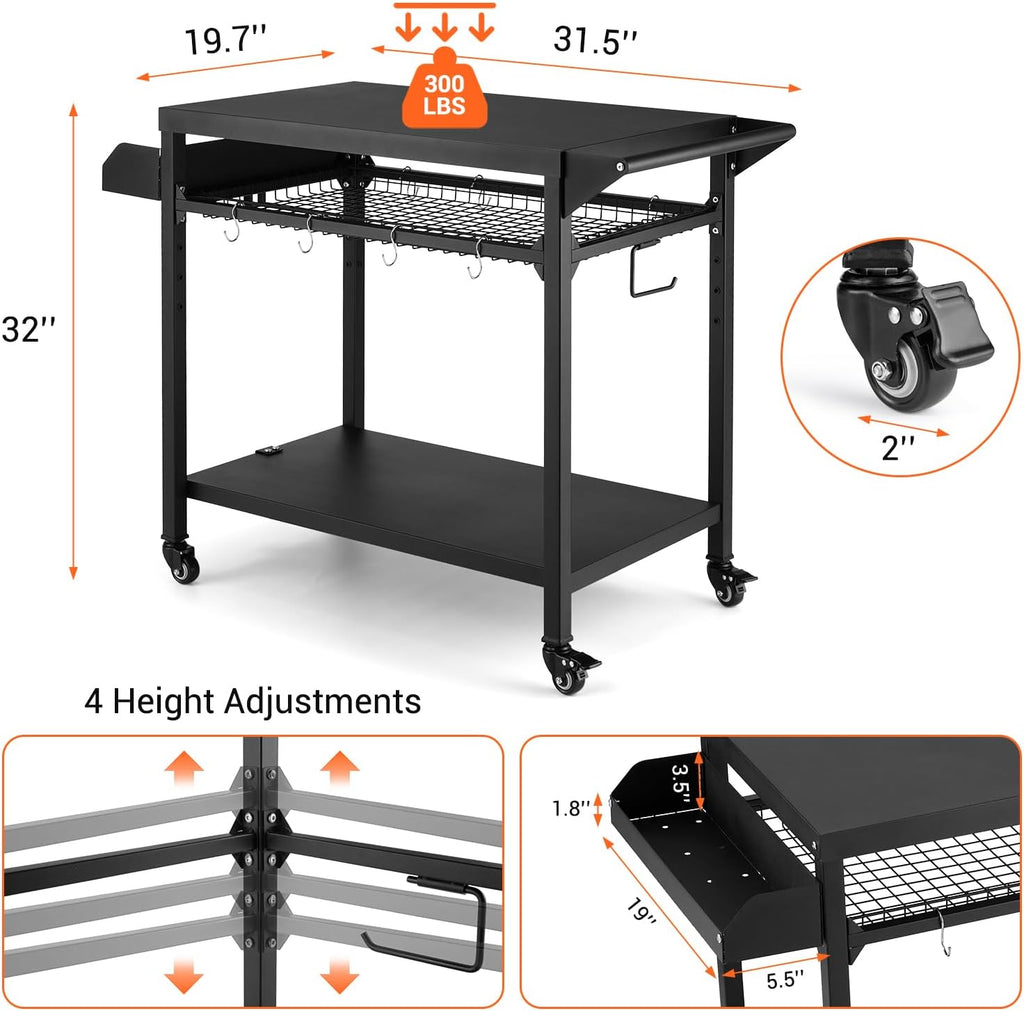 Outdoor Grill Cart with Wheels, Pizza Oven Stand Table, Black W180
