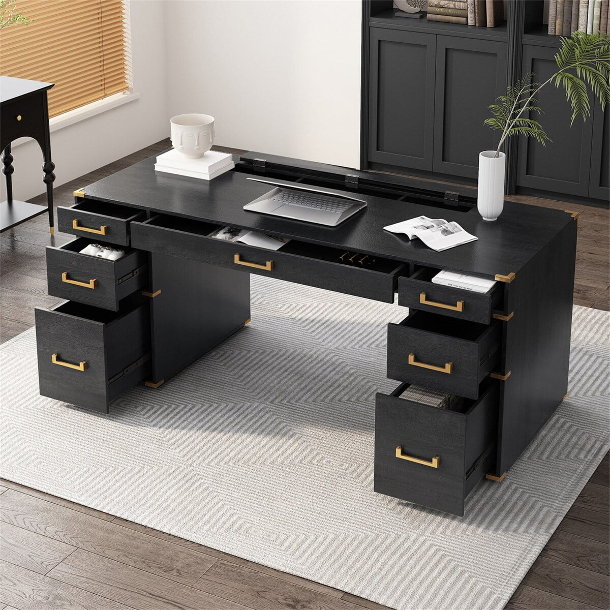 Black Executive Writing Desk with Drawers 7k