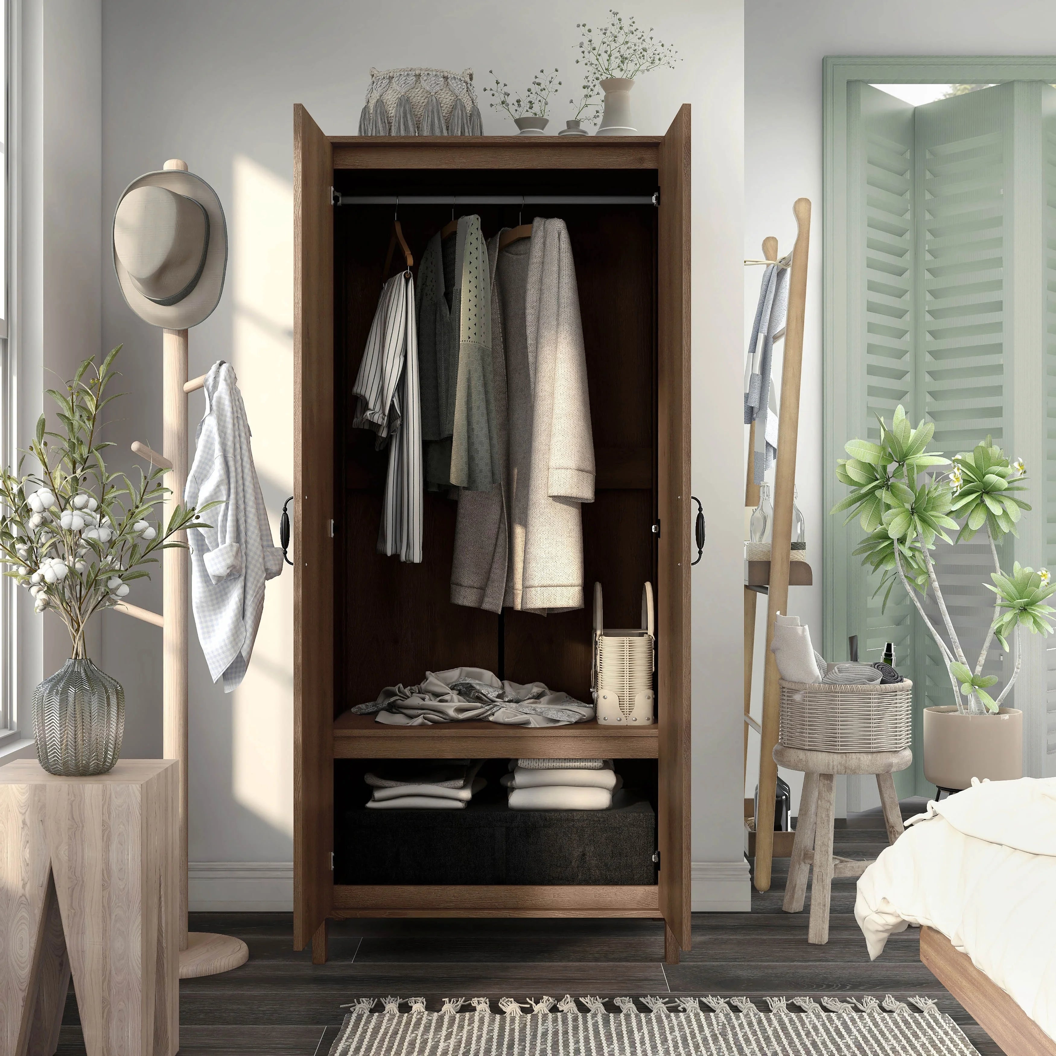 Denhour DH BASIC Rustic Distressed Walnut Double-door Wardrobe Closet with Shelves J4446