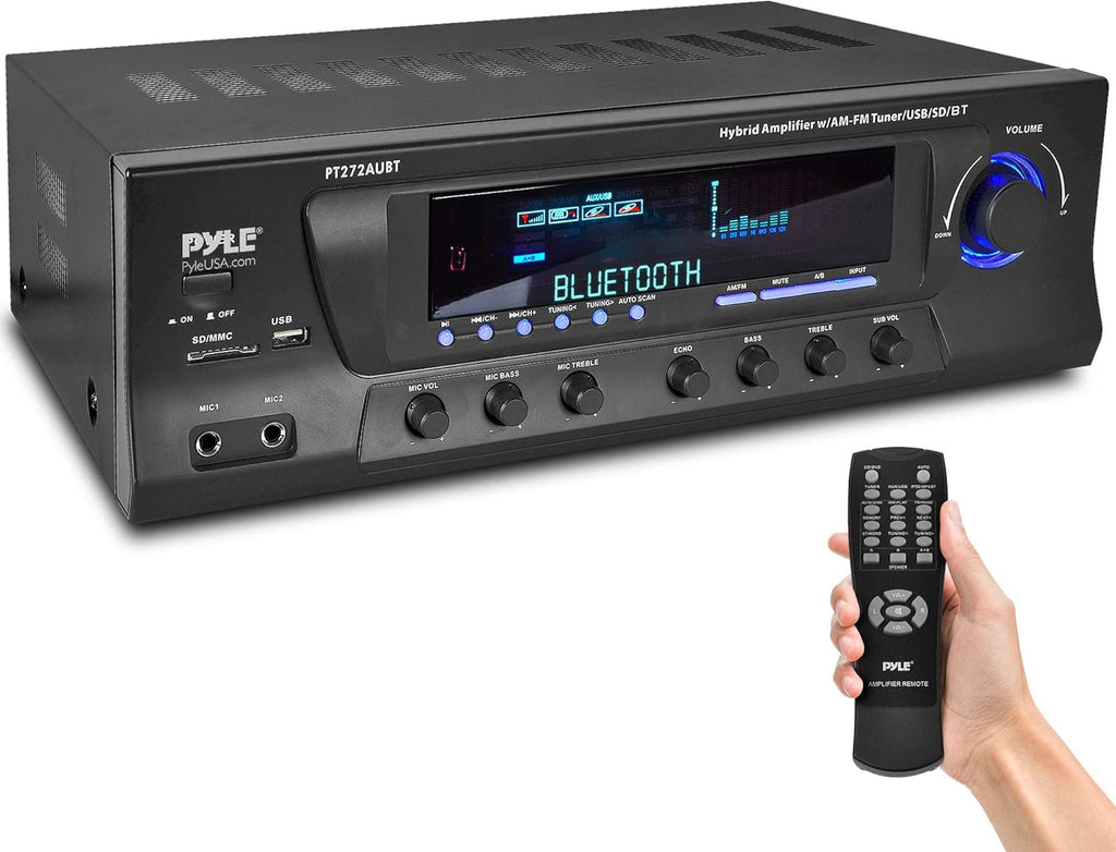 Wireless Bluetooth Audio Power Amplifier - 300W 4 Channel Home Theater Stereo Receiver with USB, AM FM, 2 Mic IN with Echo, RCA, LED, Speaker Selector - For Studio, Home Use - Pyle PT272AUBT