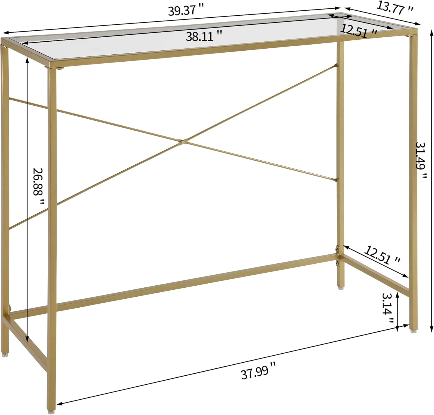 Golden Console Table 39.37" with Tempered Glass Top, Metal Frame, Gold F17720