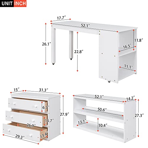 Low Study Loft Bed with Desk and Bookshelf, Pinewood Frame, White R677