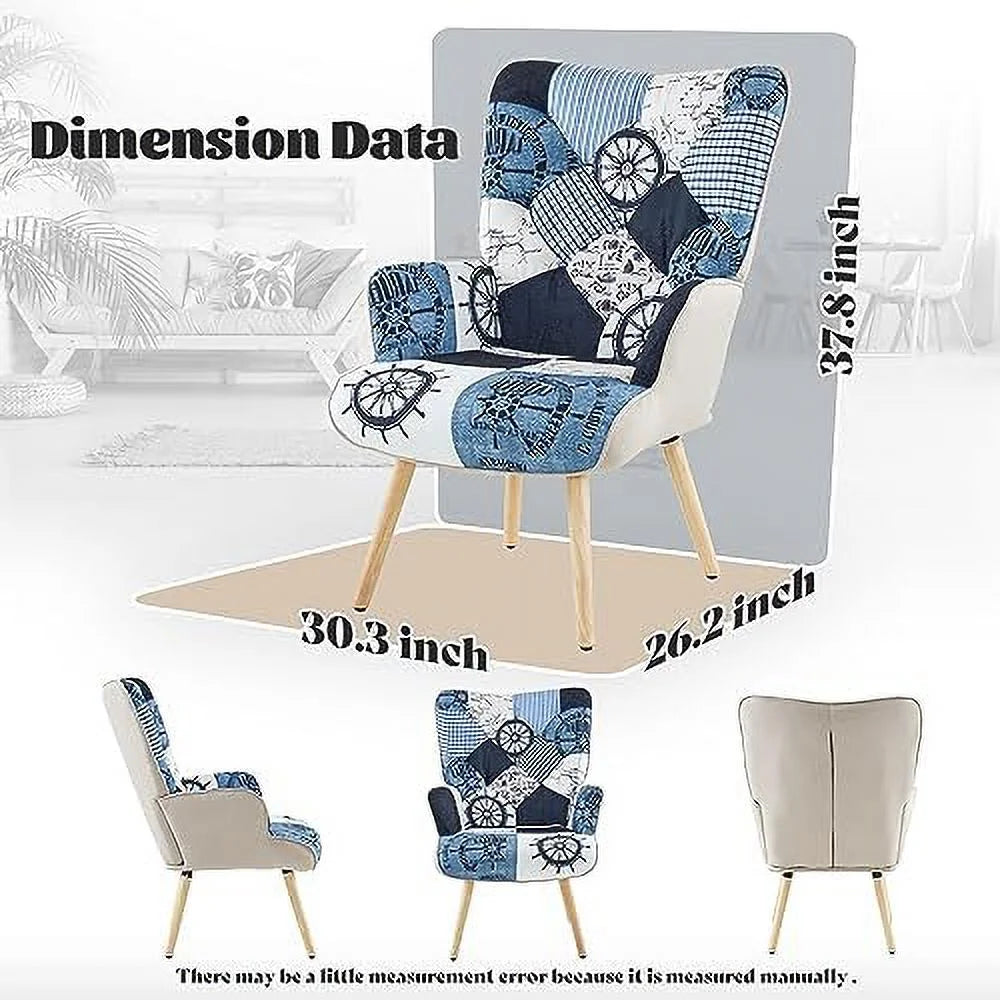 NLIBOOMLife Accent Chair with High Backrest Wooden Base Upholstered Armchair Grey Plaid K87763
