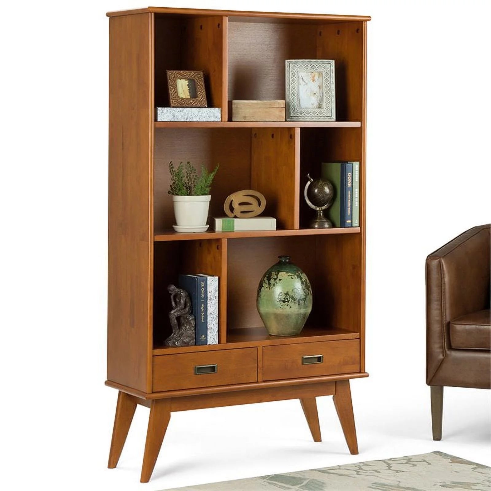 Draper SOLID HARDWOOD 64 x 35 inch Mid Century Modern Bookcase, Teak Brown W306