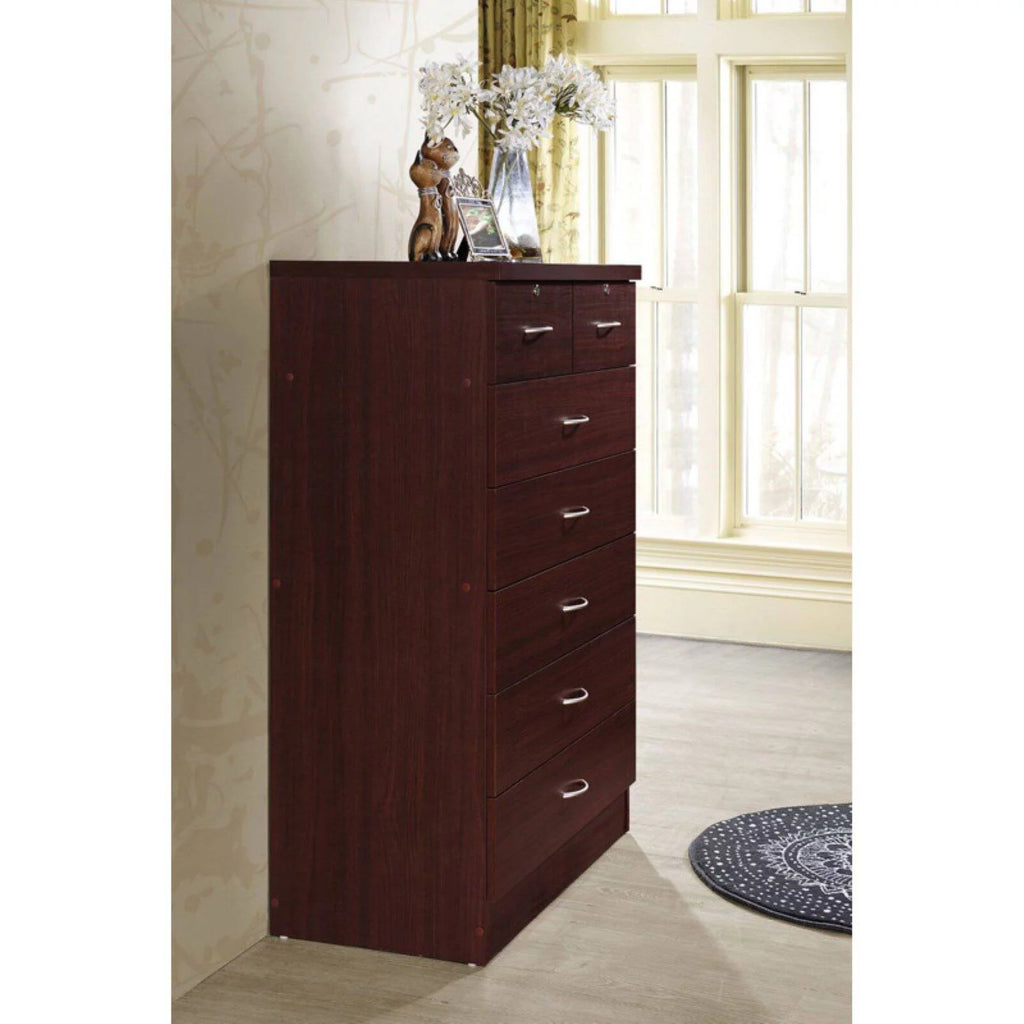 Hodedah 7 Drawer Wooden Dresser Chest with 2 Top Locks, Cherry K8270