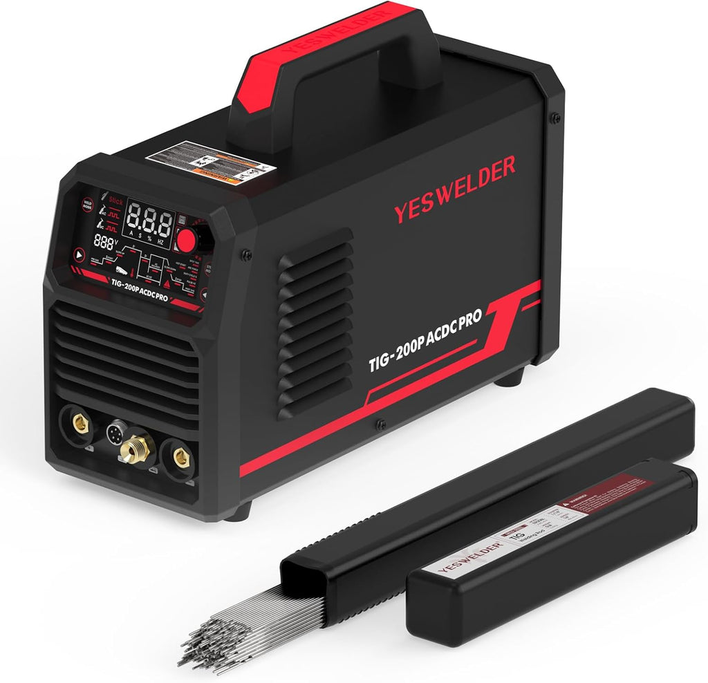 YESWELDER 200A AC/DC Aluminum Tig Welder with Pulse Large LED Display, Digital Inverter STICK/TIG 110/220V Dual Voltage & Stainless Steel TIG Welding Rod ER308L 1/16"x16" 5LB