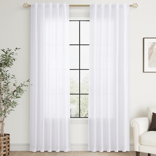 Natural Cream Linen Curtains 90 inch Long 2 Panels Semi Sheer Light Filtering Back Tab Rod Pocket Beige H145308