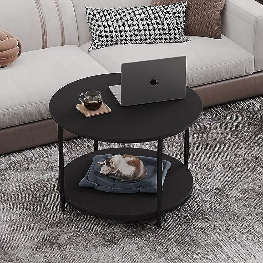 Mid Century Modern Round Coffee Table with Open Shelf, Rustic Wood and Metal Legs N5551