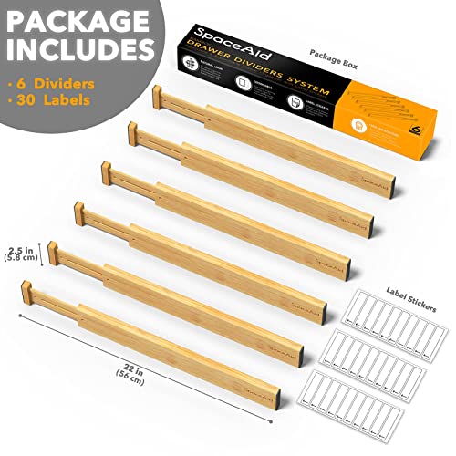 SpaceAid Bamboo Drawer Dividers with Labels, Adjustable Organizer, 6 Pack (17-22 in) R959