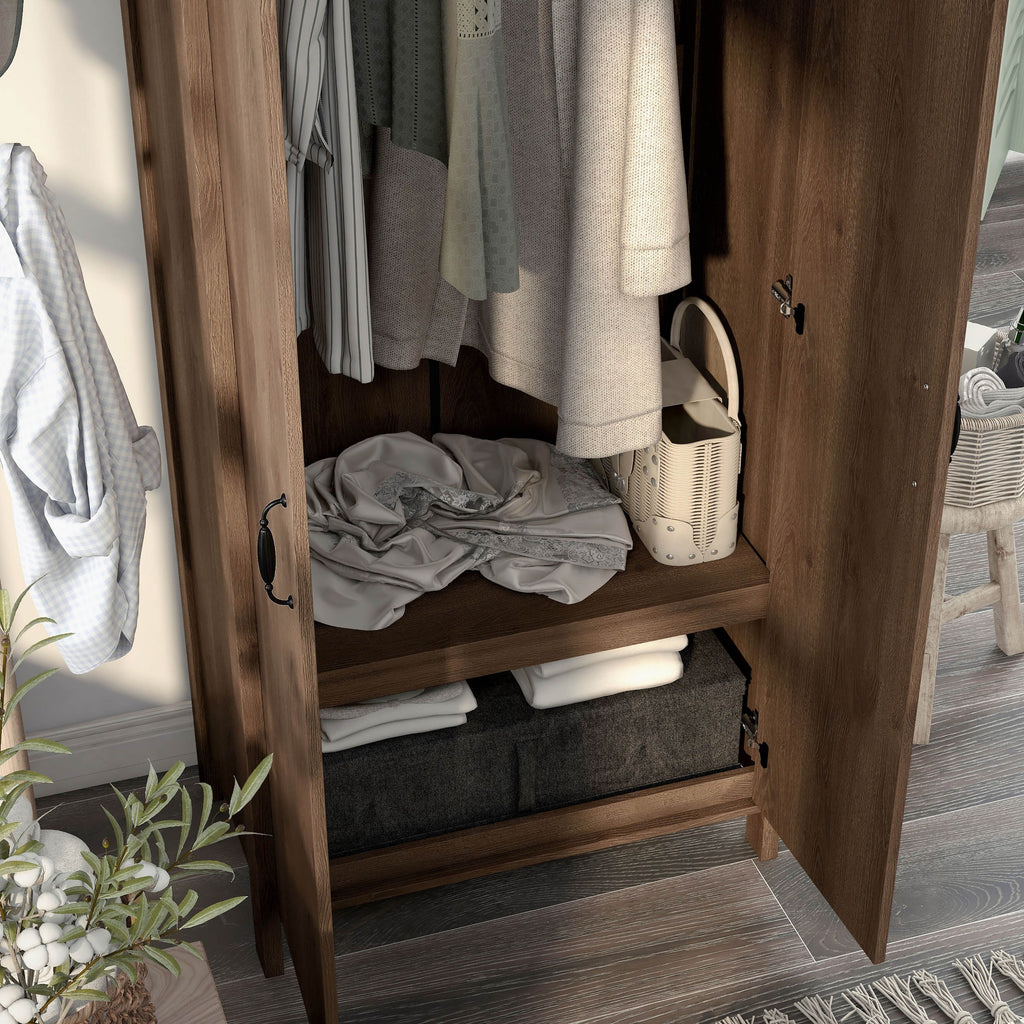 Denhour DH BASIC Rustic Distressed Walnut Double-door Wardrobe Closet with Shelves J4446