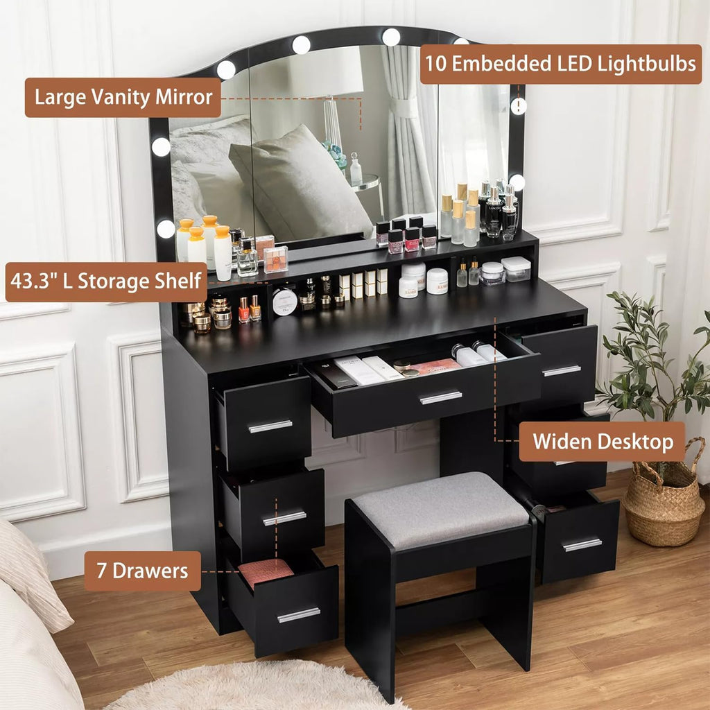 Modern 43.3" Black Vanity Desk with Lighted Mirror and 7 Drawers M739