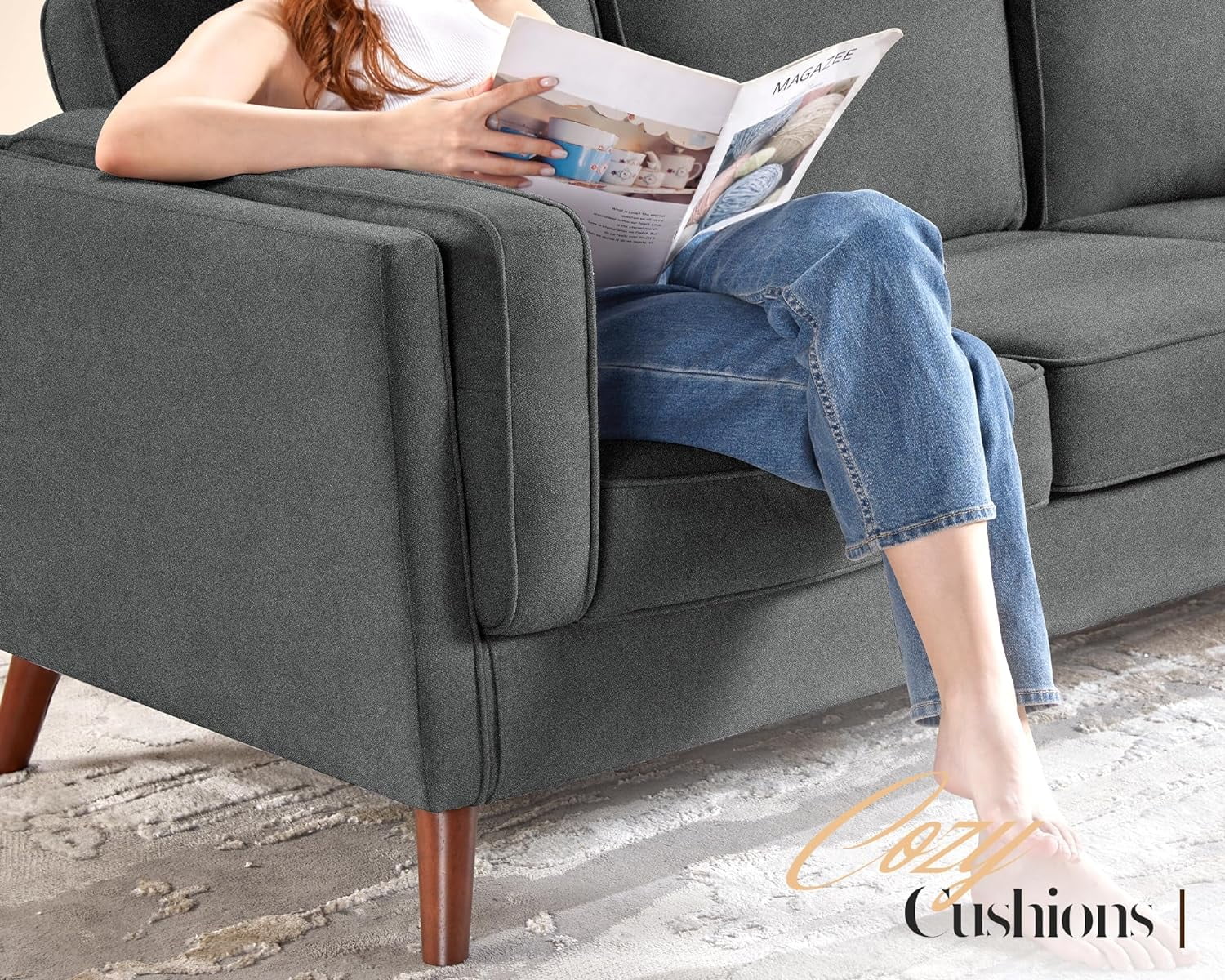 Papajet Sofa 87 inch Modern Couch with Embedded Arm Pillow, Dark Grey P75207
