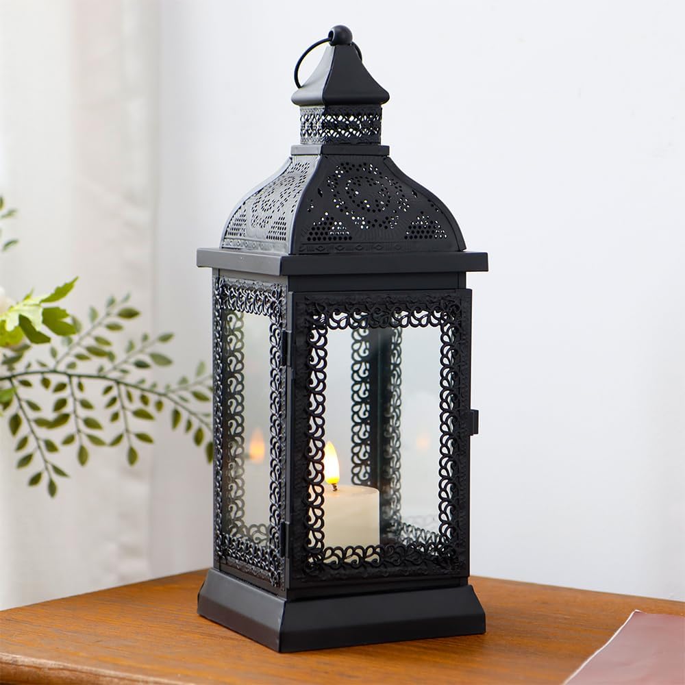 Rustic Metal Candle Lantern 13in Outdoor Decor Black a7