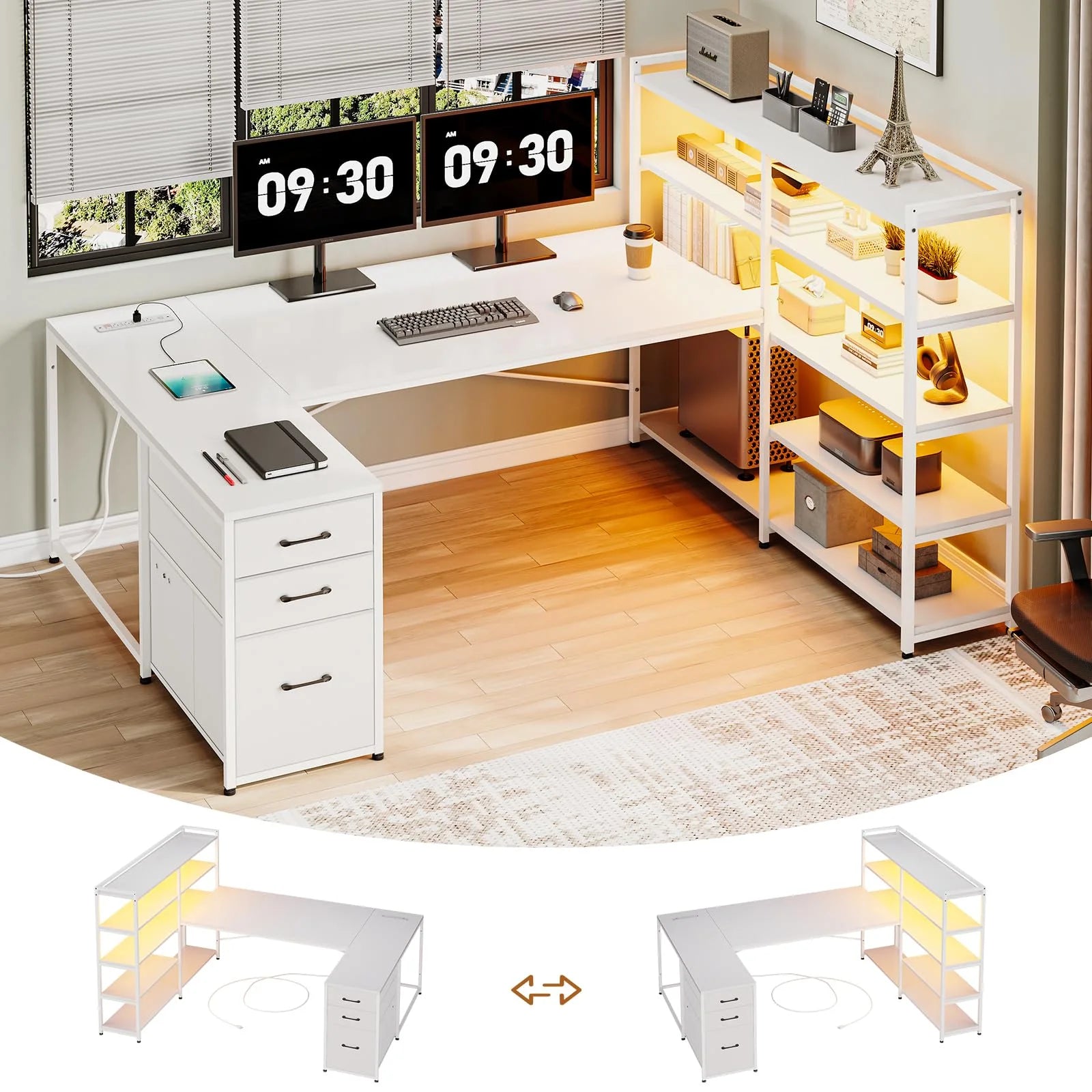 Afuhokles L Shaped Computer Desk with Power Outlet and Storage Shelves, White T9423