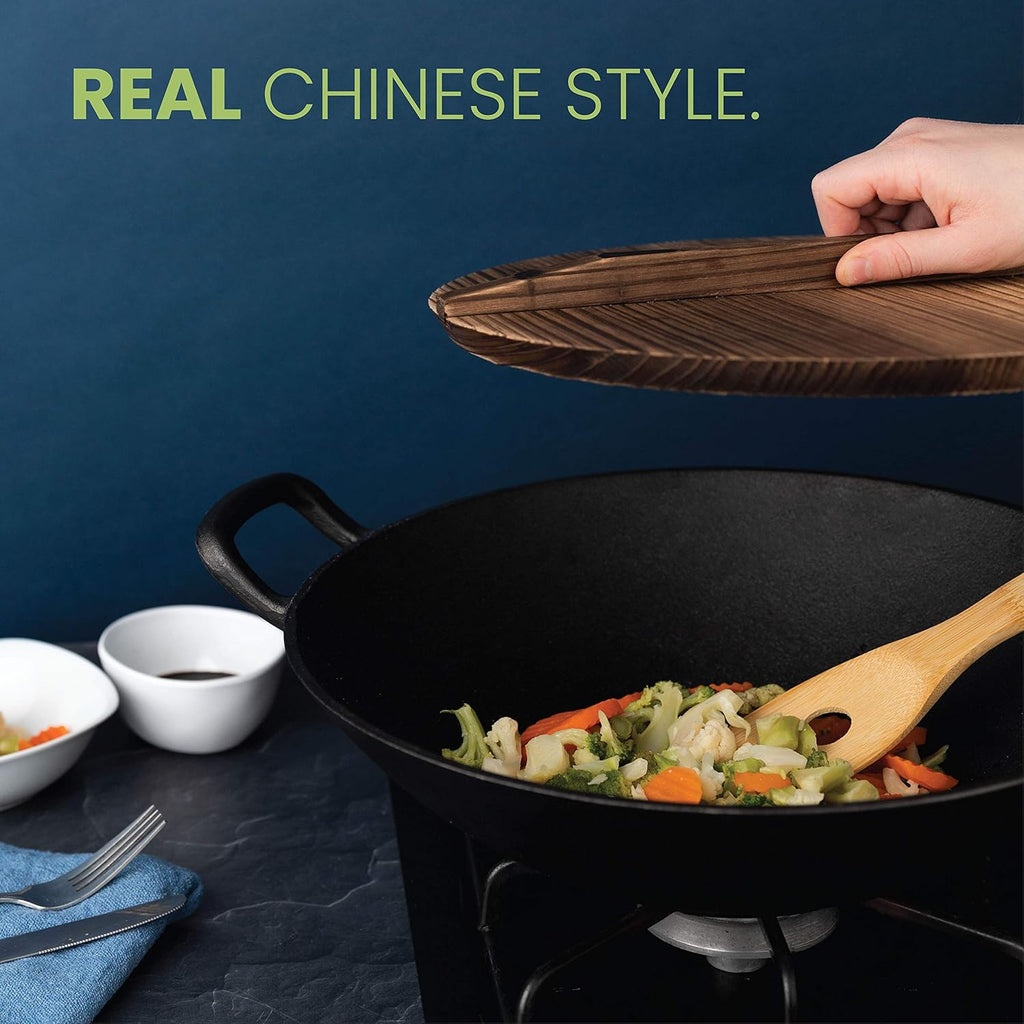 Homeries Pre-Seasoned Cast Iron Wok with Wooden Lid 14 Inch Nonstick Frying Pan U3408